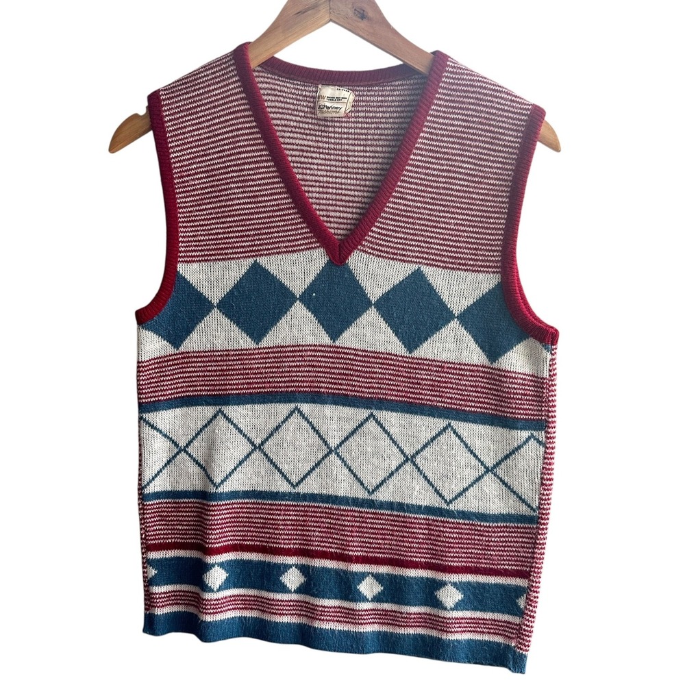 VTG 70s JC Penney Fashions Sweater Geometric Pattern Striped Knit Layering Small